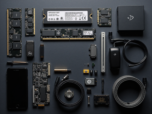 Various memory chips and modules arranged on workbench, showing different types and specifications